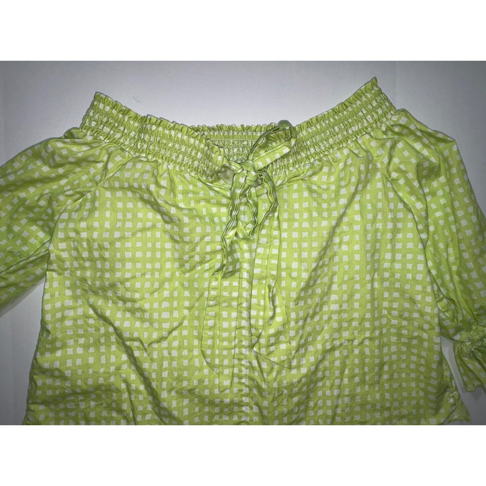 Crown Ivy Lime Green White Gingham Smocked Off Shoulder Crop Top Blouse Women XL - Picture 4 of 5